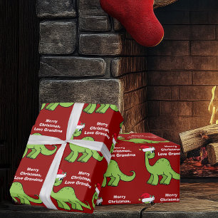 Red Christmas Kids Dinosaur Cute Personalised Wrapping Paper