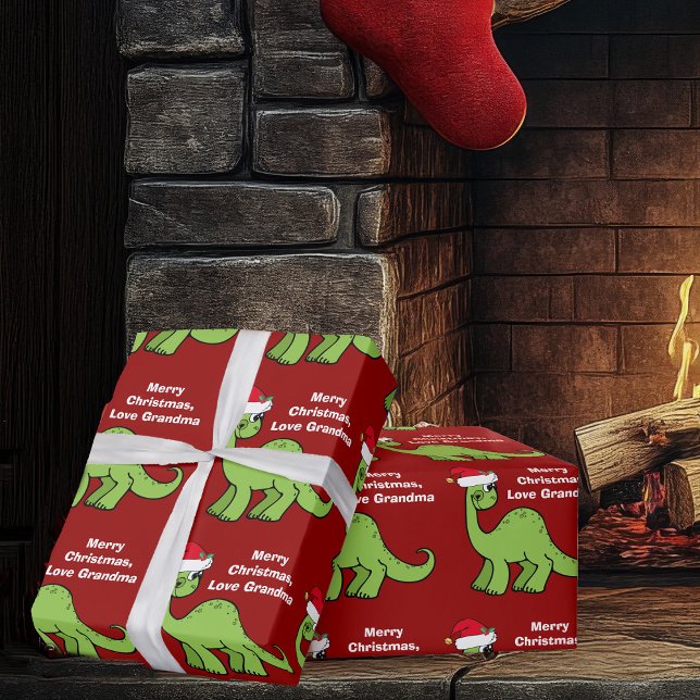 Red Christmas Kids Dinosaur Cute Personalised  Wrapping Paper (Creator Uploaded)