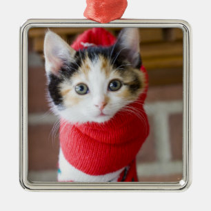 Red Christmas Kitten Metal Tree Decoration