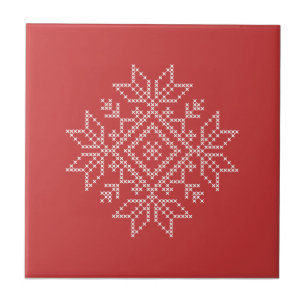 Red christmas knitted snowflake nordic art tile