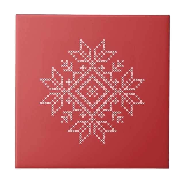 Red christmas knitted snowflake nordic art  tile (Front)