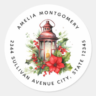 Red Christmas Lantern Poinsettia  - Address Classic Round Sticker