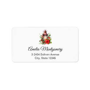 Red Christmas Lantern Poinsettia - Address Label