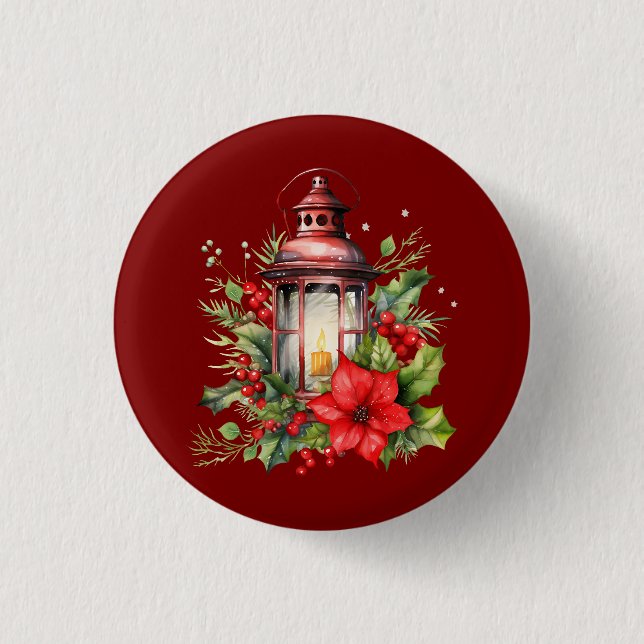 Red Christmas Lantern Poinsettia and Pine 3 Cm Round Badge (Front)