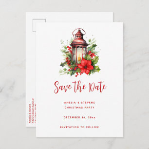 Red Christmas Lantern Poinsettia and Pine Announcement Postcard