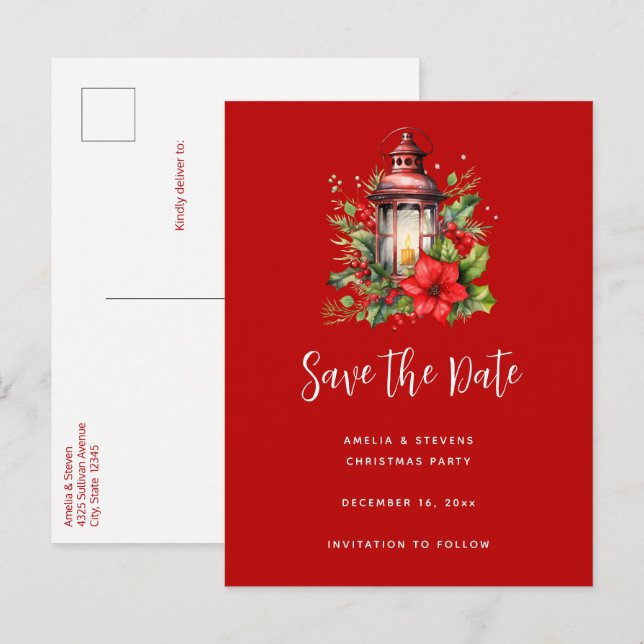 Red Christmas Lantern Poinsettia and Pine Announcement Postcard (Front/Back)