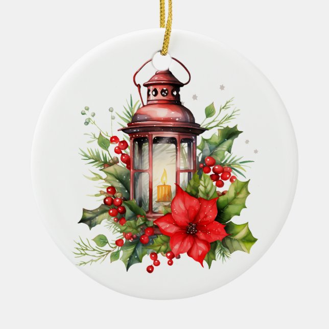 Red Christmas Lantern Poinsettia and Pine Ceramic Tree Decoration (Front)