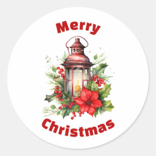 Red Christmas Lantern Poinsettia and Pine Classic Round Sticker