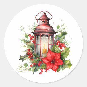 Red Christmas Lantern Poinsettia and Pine Classic Round Sticker