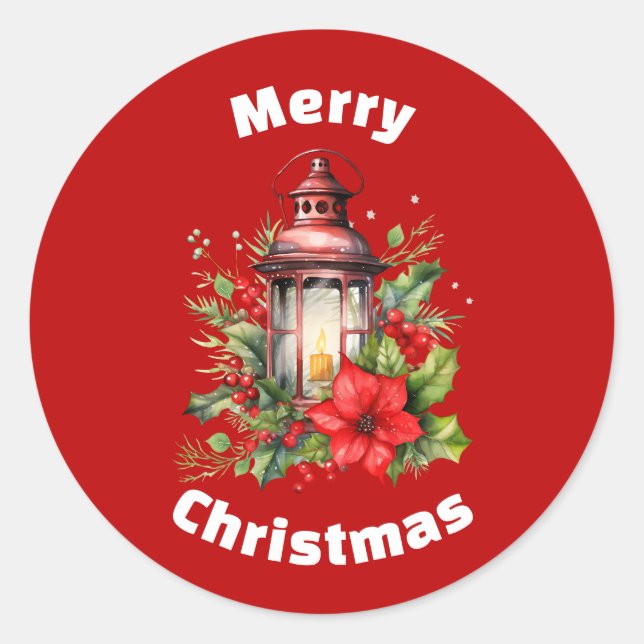 Red Christmas Lantern Poinsettia and Pine Classic Round Sticker (Front)