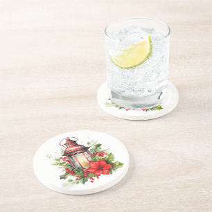 Red Christmas Lantern Poinsettia and Pine Coaster