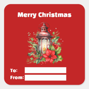 Red Christmas Lantern Poinsettia and Pine Gift Square Sticker