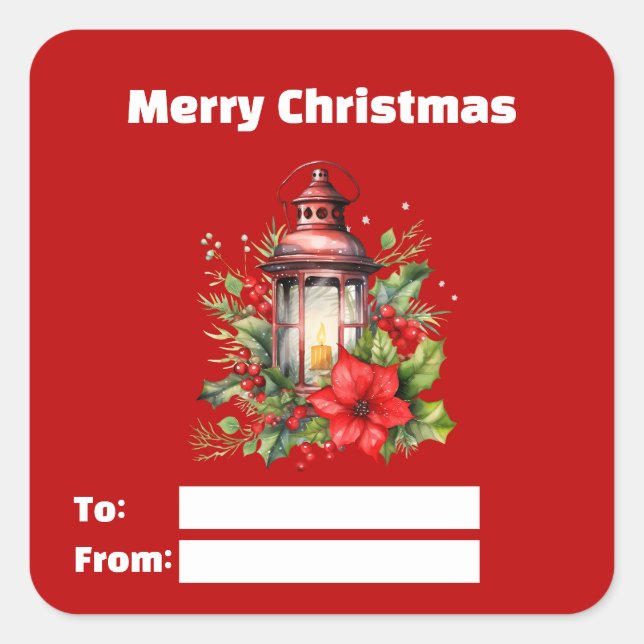 Red Christmas Lantern Poinsettia and Pine Gift Square Sticker (Front)