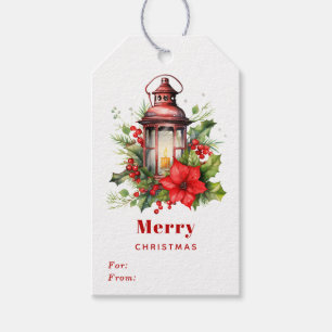Red Christmas Lantern Poinsettia and Pine Gift Tags