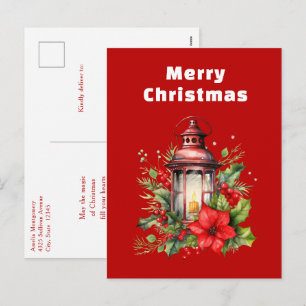 Red Christmas Lantern Poinsettia and Pine Holiday Postcard