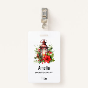Red Christmas Lantern Poinsettia and Pine ID Badge