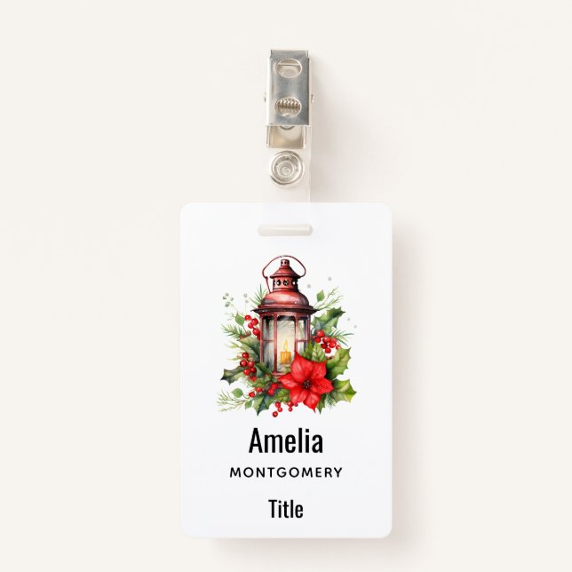 Red Christmas Lantern Poinsettia and Pine ID Badge (Front with Clip)