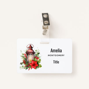 Red Christmas Lantern Poinsettia and Pine ID Badge