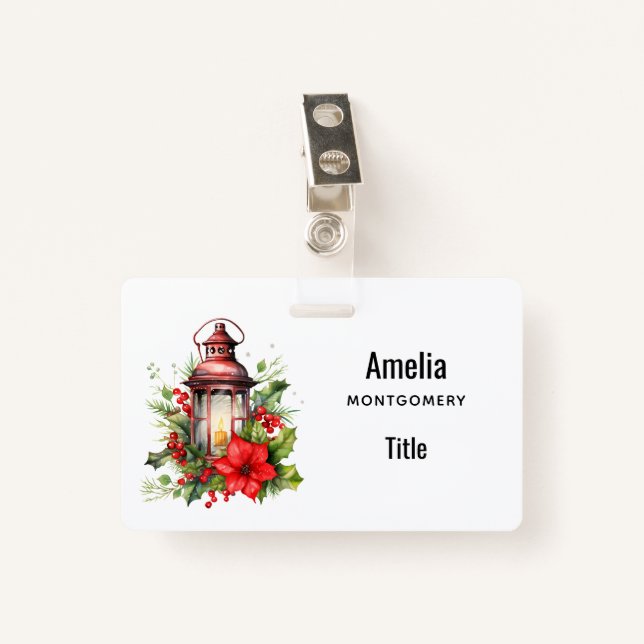 Red Christmas Lantern Poinsettia and Pine ID Badge (Front with Clip)