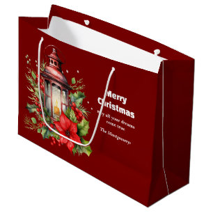 Red Christmas Lantern Poinsettia and Pine Large Gift Bag