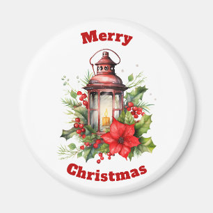 Red Christmas Lantern Poinsettia and Pine Magnet