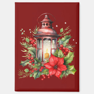 Red Christmas Lantern Poinsettia and Pine Magnet