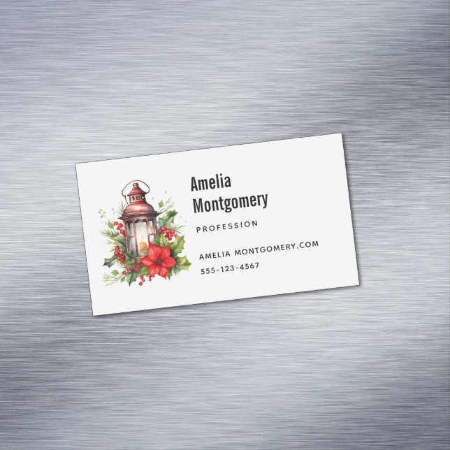Red Christmas Lantern Poinsettia and Pine Magnetic Business Card (In Situ)