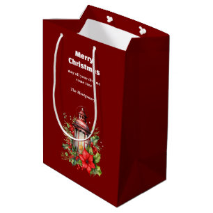 Red Christmas Lantern Poinsettia and Pine Medium Gift Bag