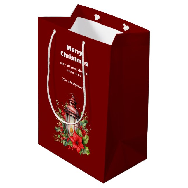 Red Christmas Lantern Poinsettia and Pine Medium Gift Bag (Back Angled)