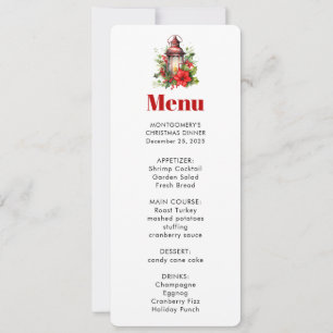 Red Christmas Lantern Poinsettia and Pine Menu Invitation