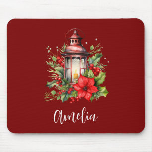 Red Christmas Lantern Poinsettia and Pine Mouse Mat