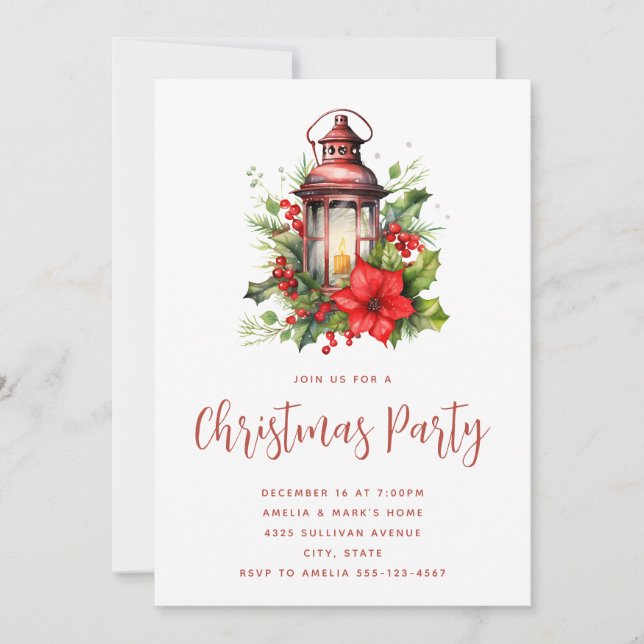 Red Christmas Lantern Poinsettia and Pine Party Invitation (Front)