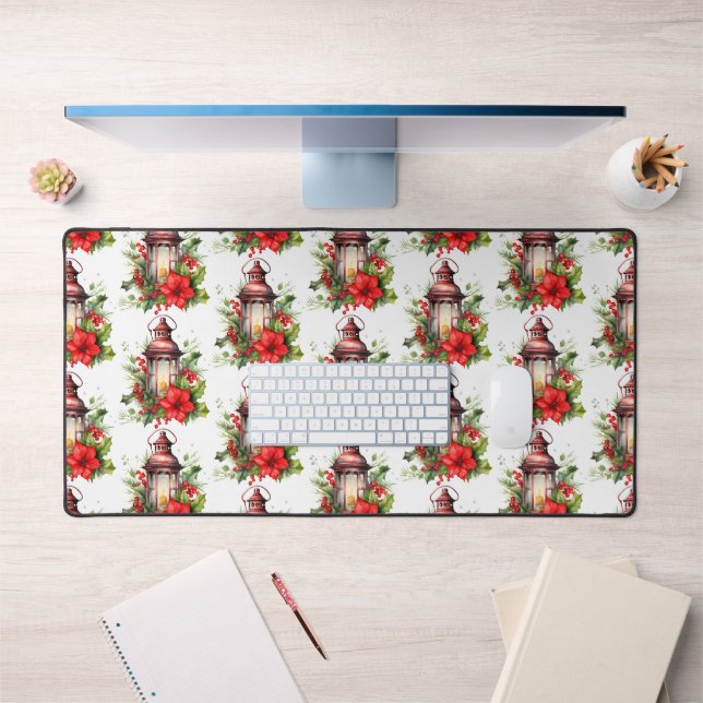 Red Christmas Lantern Poinsettia and Pine Pattern Desk Mat (Office 1)