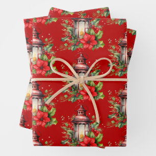 Red Christmas Lantern Poinsettia and Pine Pattern Wrapping Paper Sheet