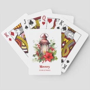 Red Christmas Lantern Poinsettia and Pine Playing Cards