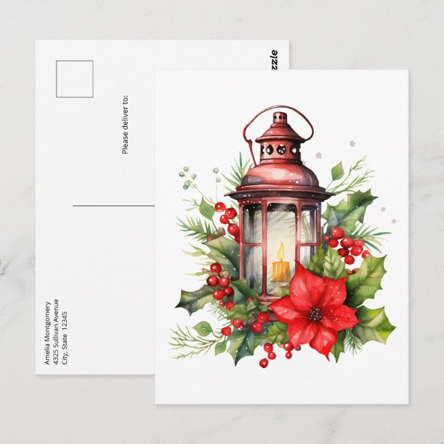 Red Christmas Lantern Poinsettia and Pine Postcard (Front/Back)