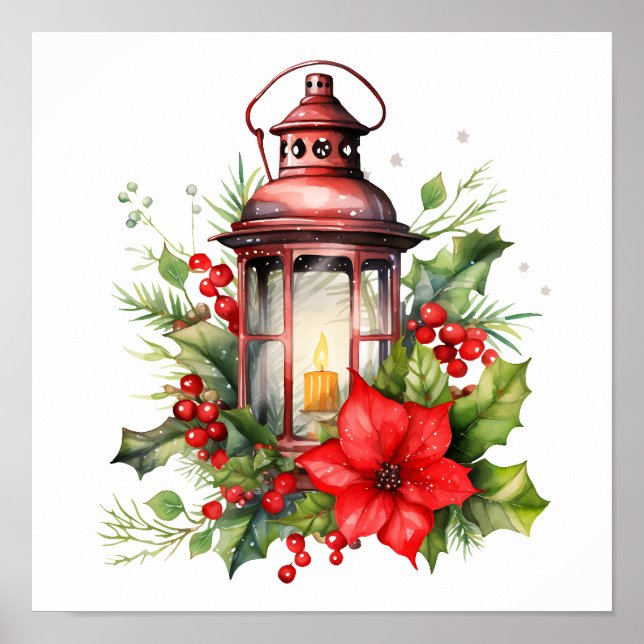 Red Christmas Lantern Poinsettia and Pine Poster (Front)