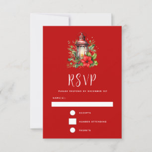 Red Christmas Lantern Poinsettia and Pine RSVP Card
