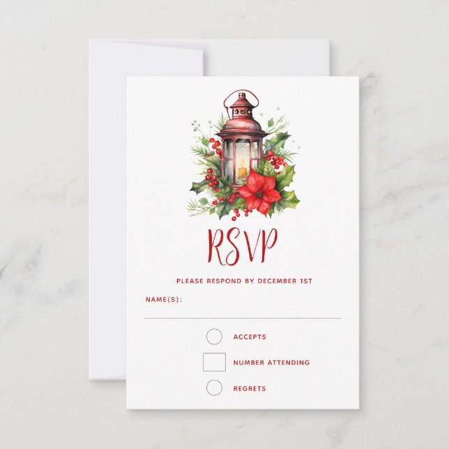 Red Christmas Lantern Poinsettia and Pine RSVP Card (Front)