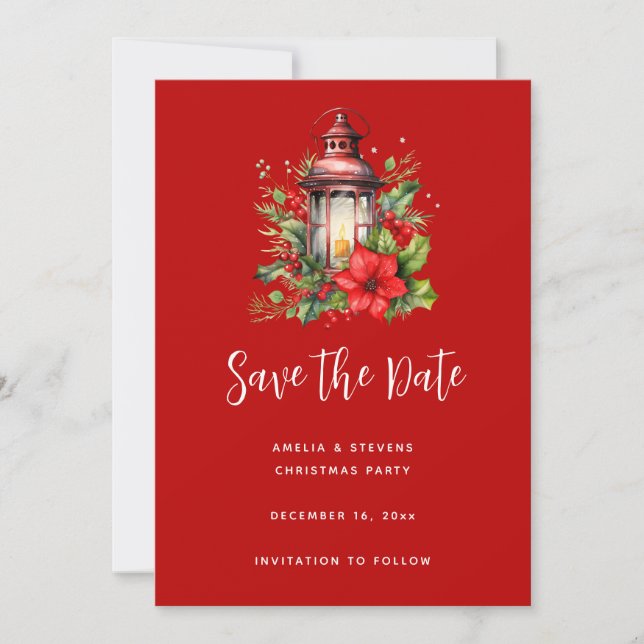 Red Christmas Lantern Poinsettia and Pine Save The Date (Front)