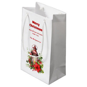 Red Christmas Lantern Poinsettia and Pine Small Gift Bag