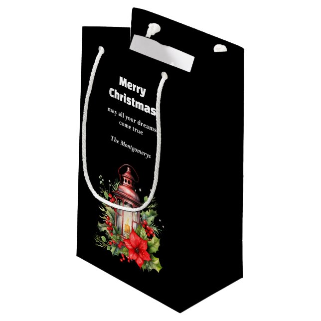 Red Christmas Lantern Poinsettia and Pine Small Gift Bag (Back Angled)