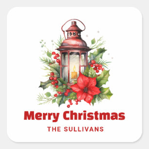 Red Christmas Lantern Poinsettia and Pine Square Sticker