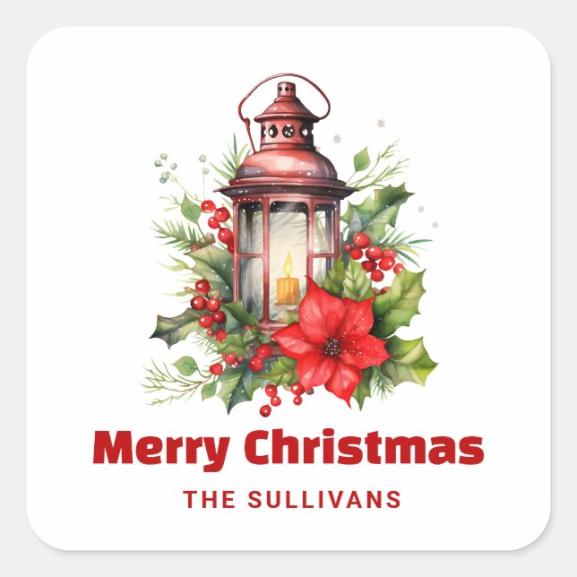 Red Christmas Lantern Poinsettia and Pine Square Sticker (Front)