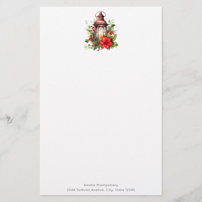Red Christmas Lantern Poinsettia and Pine Stationery (Front)