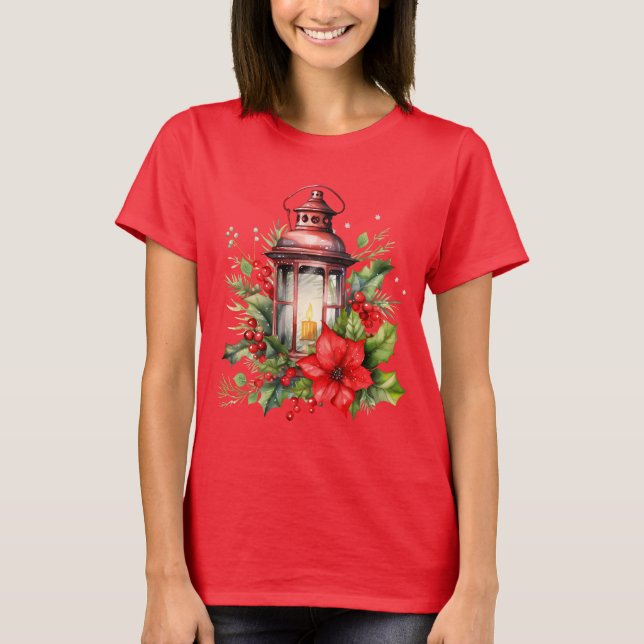 Red Christmas Lantern Poinsettia and Pine T-Shirt (Front)