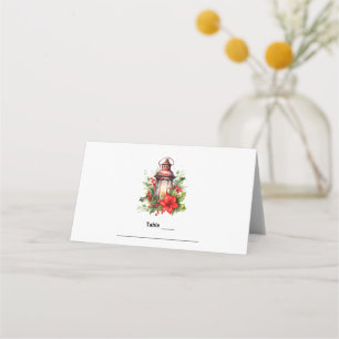 Red Christmas Lantern Poinsettia and Pine Table Place Card