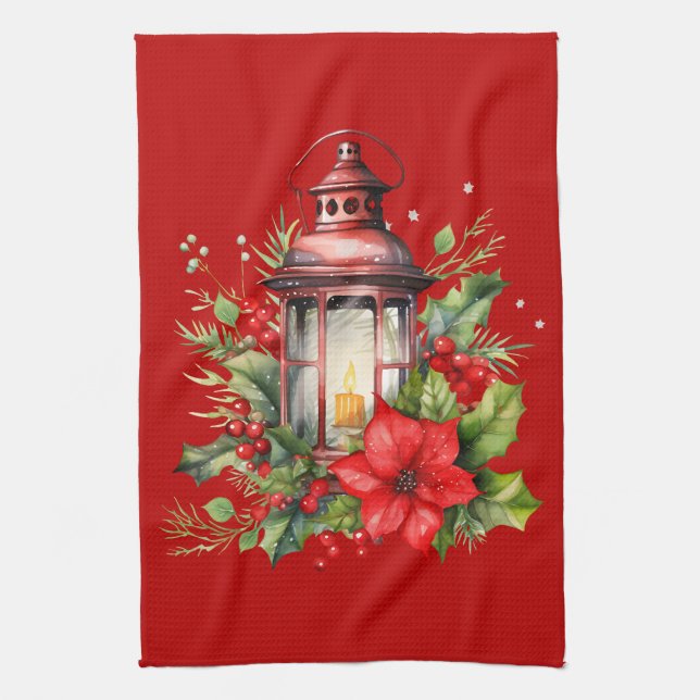 Red Christmas Lantern Poinsettia and Pine Tea Towel (Vertical)