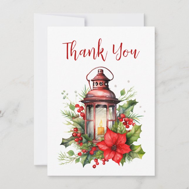 Red Christmas Lantern Poinsettia and Pine Thank You Card (Front)