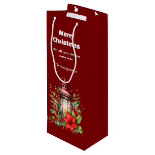 Red Christmas Lantern Poinsettia and Pine Wine Gift Bag